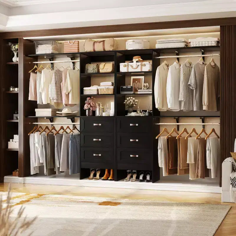 Besiost Ensemble de 2 organiseurs de dressing avec étagères et 6 tringles de suspension, système de dressing 116-192 avec tiroirs
