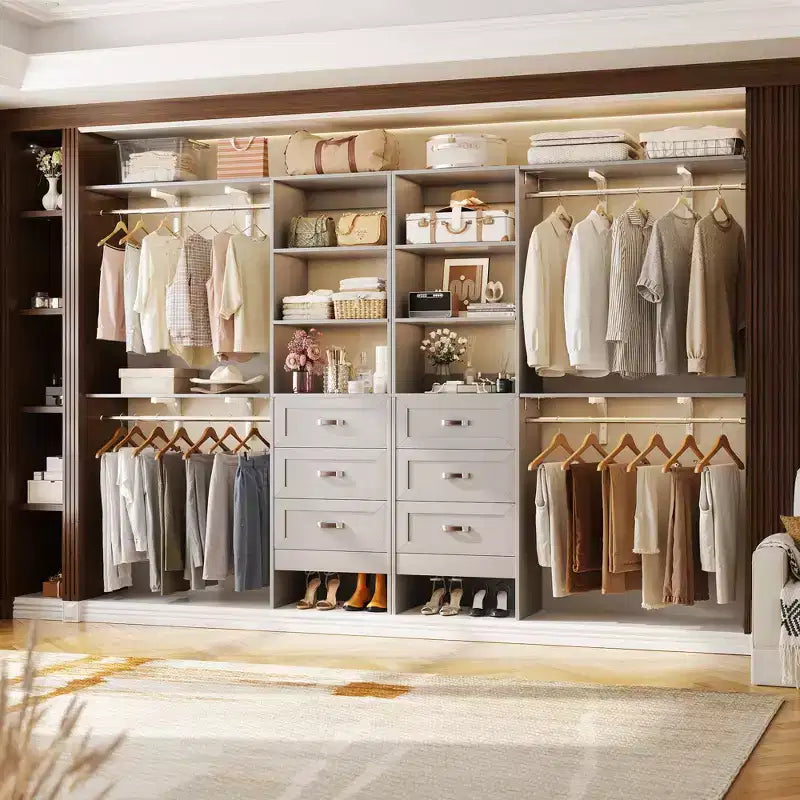 Besiost Ensemble de 2 organiseurs de dressing avec étagères et 6 tringles de suspension, système de dressing 116-192 avec tiroirs