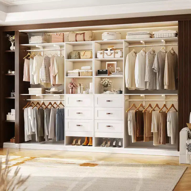 Besiost Ensemble de 2 organiseurs de dressing avec étagères et 6 tringles de suspension, système de dressing 116-192 avec tiroirs