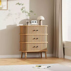 Commode à 3 tiroirs, commode de chambre à coucher de style mid-century, table de chevet en osier avec grand espace de rangement, poignées noires mates et pieds en bois