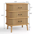 Commode à 3 tiroirs, commode de chambre à coucher de style mid-century, table de chevet en osier avec grand espace de rangement, poignées noires mates et pieds en bois
