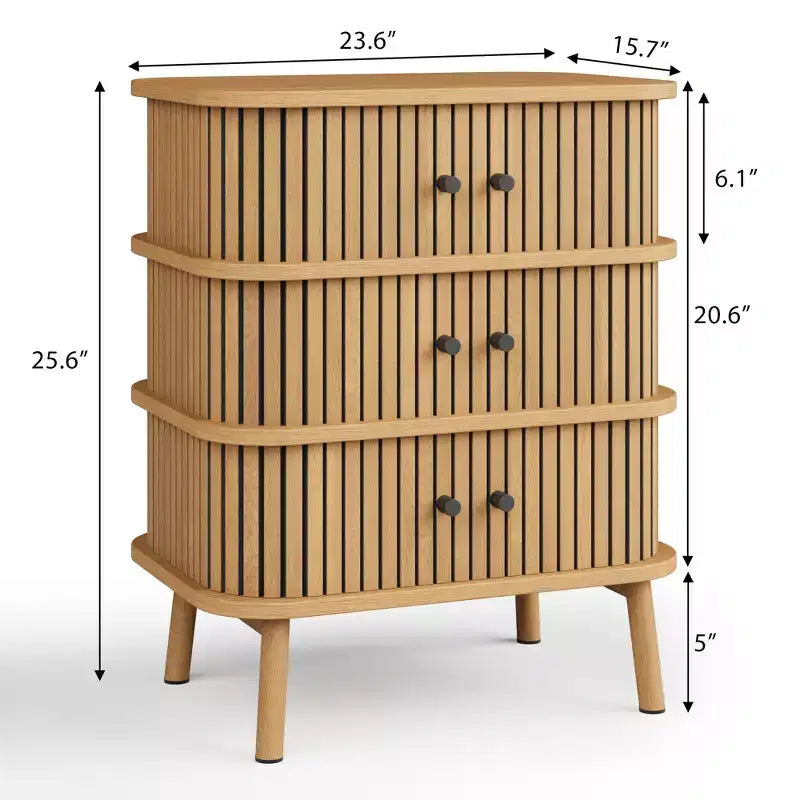 Commode à 3 tiroirs, commode de chambre à coucher de style mid-century, table de chevet en osier avec grand espace de rangement, poignées noires mates et pieds en bois