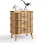 Commode à 3 tiroirs, commode de chambre à coucher de style mid-century, table de chevet en osier avec grand espace de rangement, poignées noires mates et pieds en bois