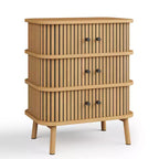 Commode à 3 tiroirs, commode de chambre à coucher de style mid-century, table de chevet en osier avec grand espace de rangement, poignées noires mates et pieds en bois