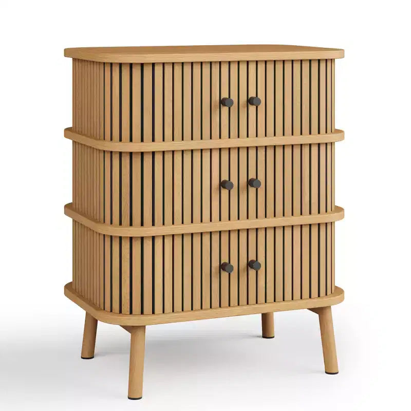 Commode à 3 tiroirs, commode de chambre à coucher de style mid-century, table de chevet en osier avec grand espace de rangement, poignées noires mates et pieds en bois
