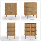 Commode à 3 tiroirs, commode de chambre à coucher de style mid-century, table de chevet en osier avec grand espace de rangement, poignées noires mates et pieds en bois