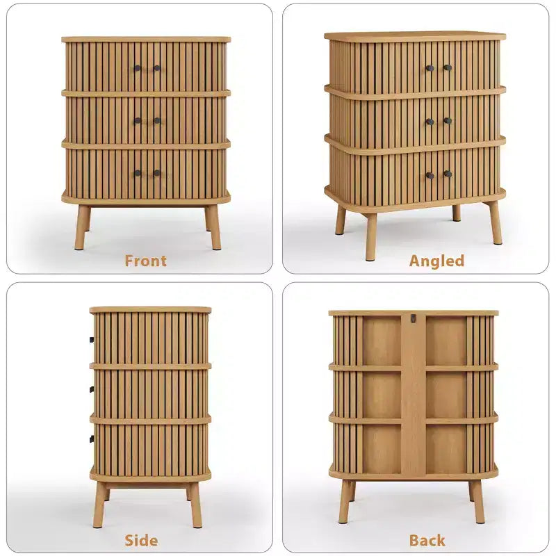 Commode à 3 tiroirs, commode de chambre à coucher de style mid-century, table de chevet en osier avec grand espace de rangement, poignées noires mates et pieds en bois