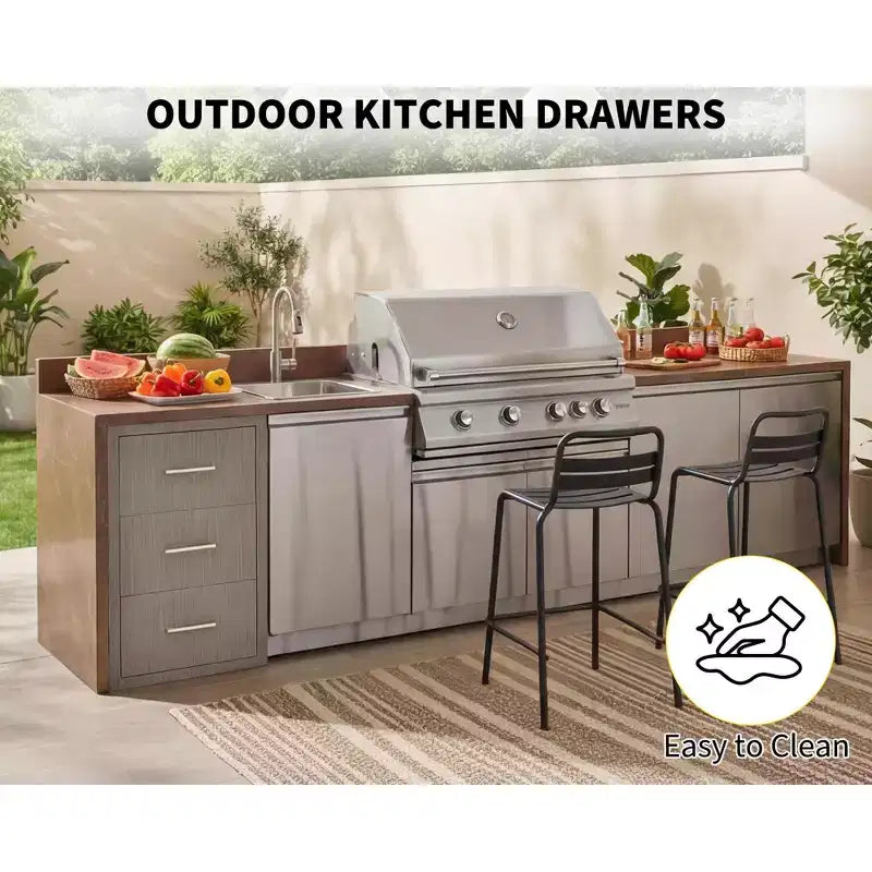 Tiroirs de cuisine extérieure encastrables triples avec poignée en acier inoxydable - Porte-serviettes en papier intégré pour îlot de barbecue et station de grillade de patio