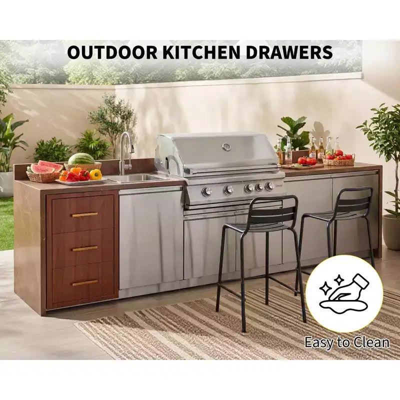 Tiroirs de cuisine extérieure encastrables triples avec poignée en acier inoxydable - Porte-serviettes en papier intégré pour îlot de barbecue et station de grillade de patio