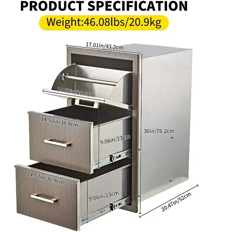 Tiroirs de cuisine extérieure encastrables triples avec poignée en acier inoxydable - Porte-serviettes en papier intégré pour îlot de barbecue et station de grillade de patio