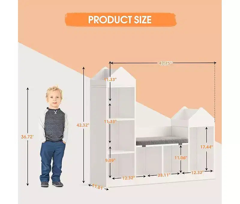 Étagère à livres pour enfants, 6 cubes de rangement pour enfants avec coussin d'assise, bibliothèque en forme de toit pour enfants, kit anti-basculement, blanc