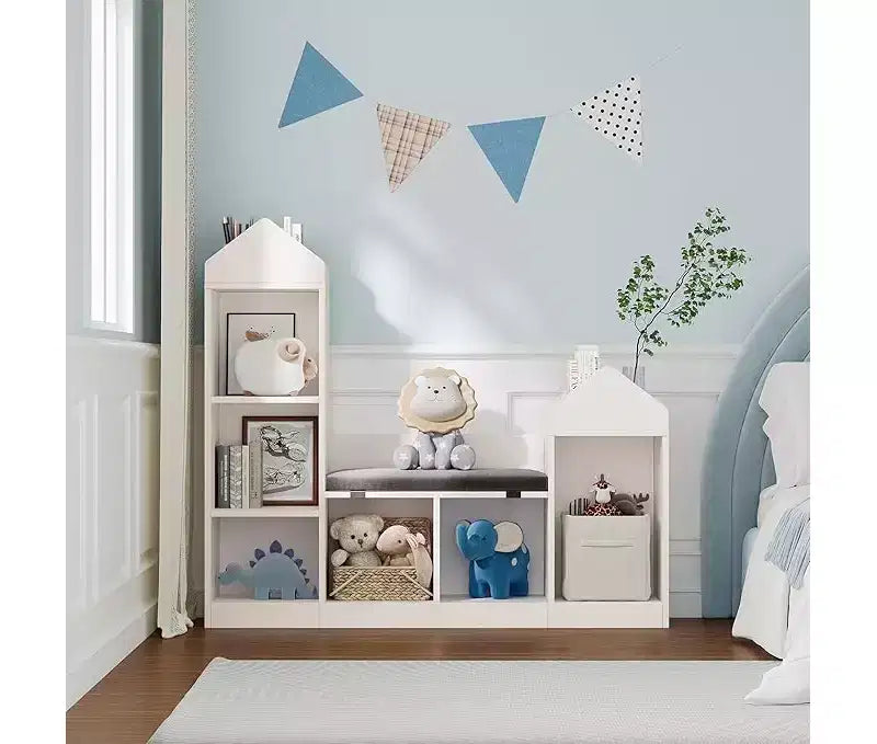 Étagère à livres pour enfants, 6 cubes de rangement pour enfants avec coussin d'assise, bibliothèque en forme de toit pour enfants, kit anti-basculement, blanc