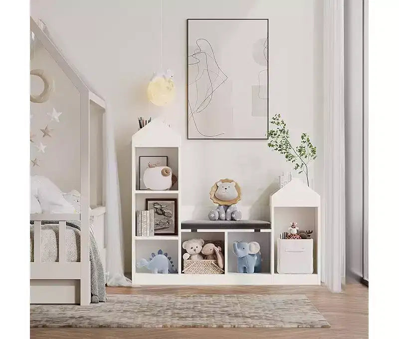 Étagère à livres pour enfants, 6 cubes de rangement pour enfants avec coussin d'assise, bibliothèque en forme de toit pour enfants, kit anti-basculement, blanc