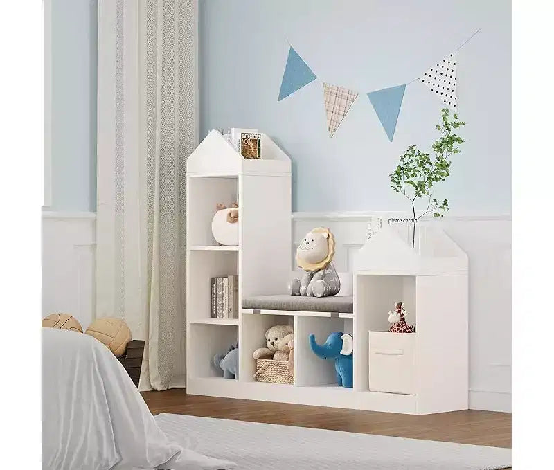 Étagère à livres pour enfants, 6 cubes de rangement pour enfants avec coussin d'assise, bibliothèque en forme de toit pour enfants, kit anti-basculement, blanc