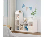 Étagère à livres pour enfants, 6 cubes de rangement pour enfants avec coussin d'assise, bibliothèque en forme de toit pour enfants, kit anti-basculement, blanc