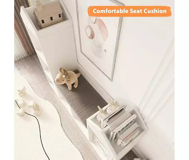 Étagère à livres pour enfants, 6 cubes de rangement pour enfants avec coussin d'assise, bibliothèque en forme de toit pour enfants, kit anti-basculement, blanc