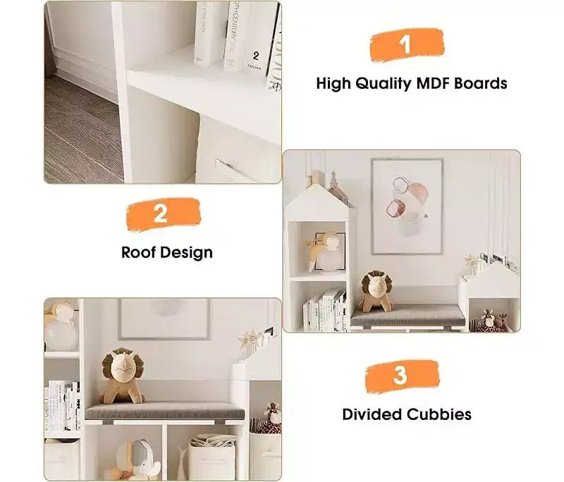 Étagère à livres pour enfants, 6 cubes de rangement pour enfants avec coussin d'assise, bibliothèque en forme de toit pour enfants, kit anti-basculement, blanc