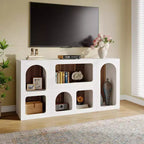 Meuble TV moderne Lantine de 150 cm pour téléviseurs jusqu'à 65 pouces, meuble de divertissement en bois avec étagères ouvertes pour salon, chambre, blanc