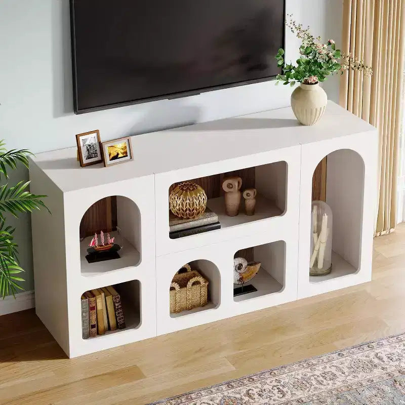 Meuble TV moderne Lantine de 150 cm pour téléviseurs jusqu'à 65 pouces, meuble de divertissement en bois avec étagères ouvertes pour salon, chambre, blanc