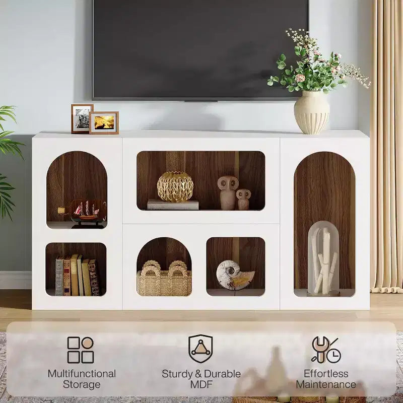 Meuble TV moderne Lantine de 150 cm pour téléviseurs jusqu'à 65 pouces, meuble de divertissement en bois avec étagères ouvertes pour salon, chambre, blanc