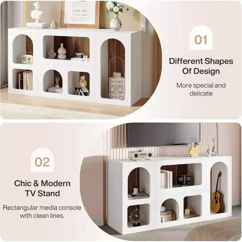 Meuble TV moderne Lantine de 150 cm pour téléviseurs jusqu'à 65 pouces, meuble de divertissement en bois avec étagères ouvertes pour salon, chambre, blanc