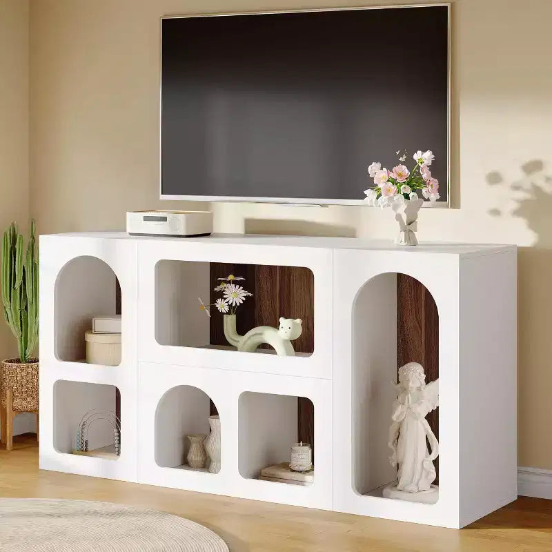 Meuble TV moderne Lantine de 150 cm pour téléviseurs jusqu'à 65 pouces, meuble de divertissement en bois avec étagères ouvertes pour salon, chambre, blanc