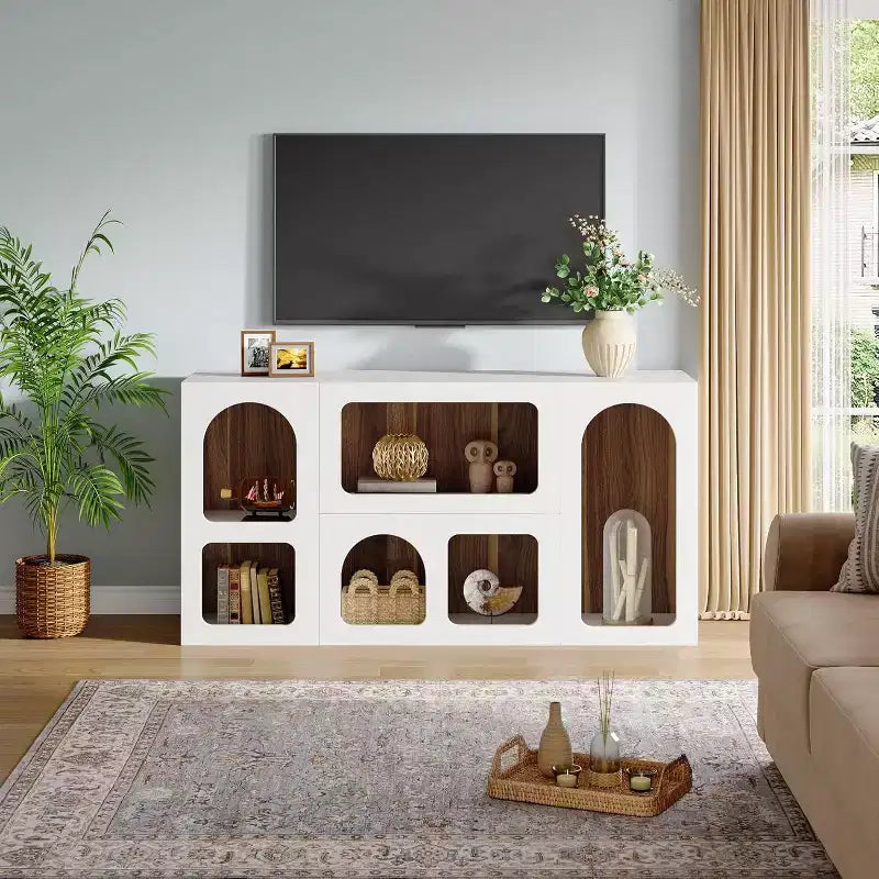 Meuble TV moderne Lantine de 150 cm pour téléviseurs jusqu'à 65 pouces, meuble de divertissement en bois avec étagères ouvertes pour salon, chambre, blanc
