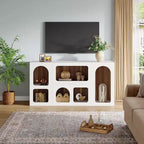 Meuble TV moderne Lantine de 150 cm pour téléviseurs jusqu'à 65 pouces, meuble de divertissement en bois avec étagères ouvertes pour salon, chambre, blanc