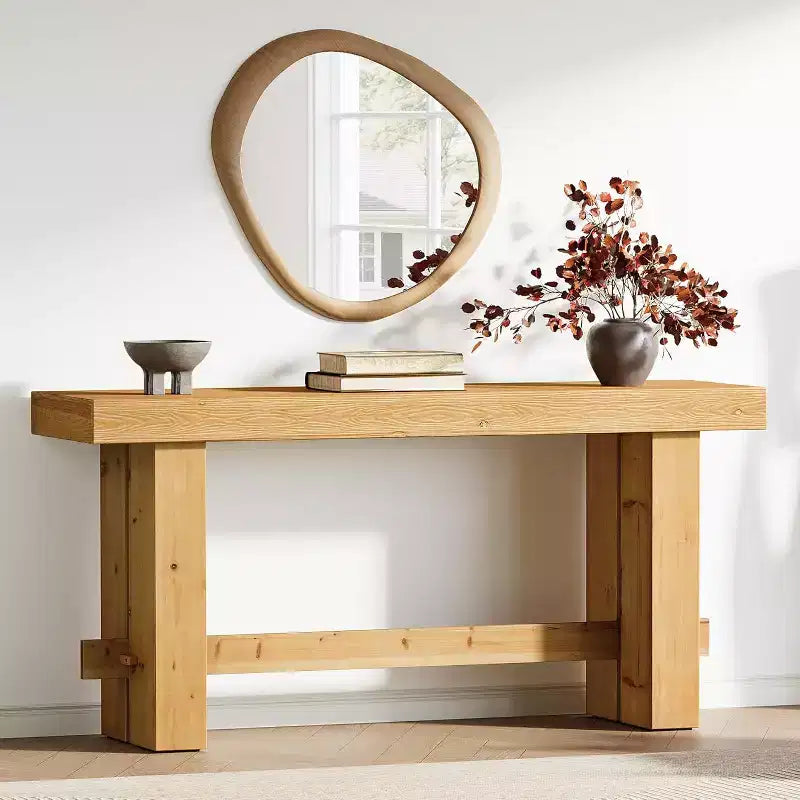 Console en bois massif Lantine de 63 pouces, table de canapé style ferme avec rangement pour salon, table d'appoint étroite pour entrée et couloir, finition naturelle