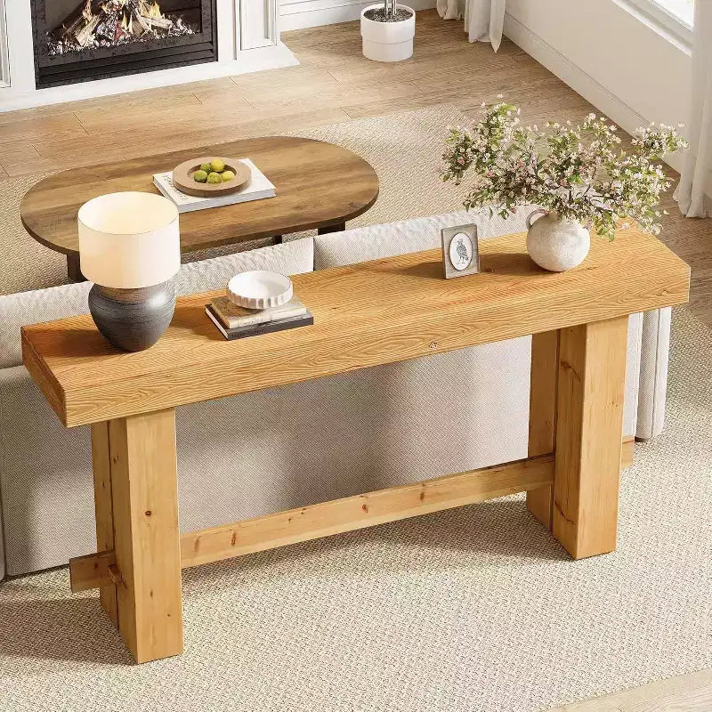 Console en bois massif Lantine de 63 pouces, table de canapé style ferme avec rangement pour salon, table d'appoint étroite pour entrée et couloir, finition naturelle