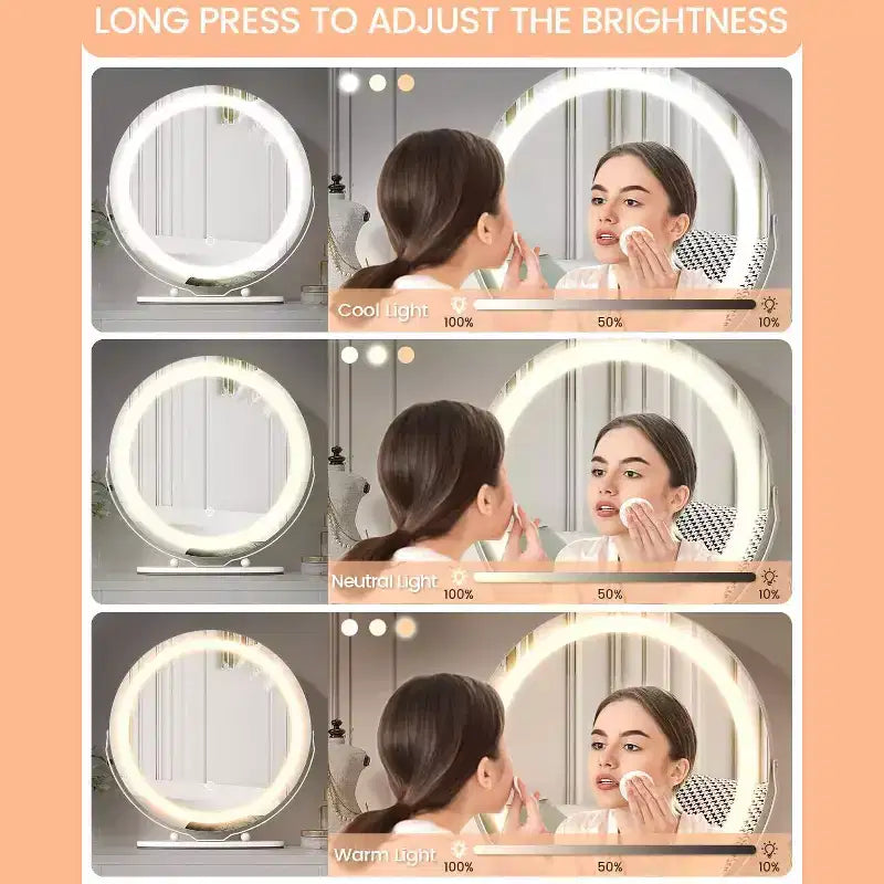 Miroir de maquillage lumineux 19 pouces, miroir de coiffeuse blanc rotatif à 360° pour chambre, à poser sur table ou bureau