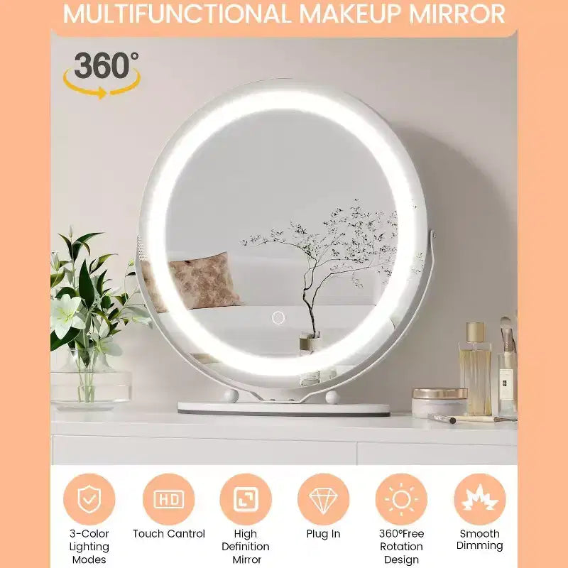 Miroir de maquillage lumineux 19 pouces, miroir de coiffeuse blanc rotatif à 360° pour chambre, à poser sur table ou bureau