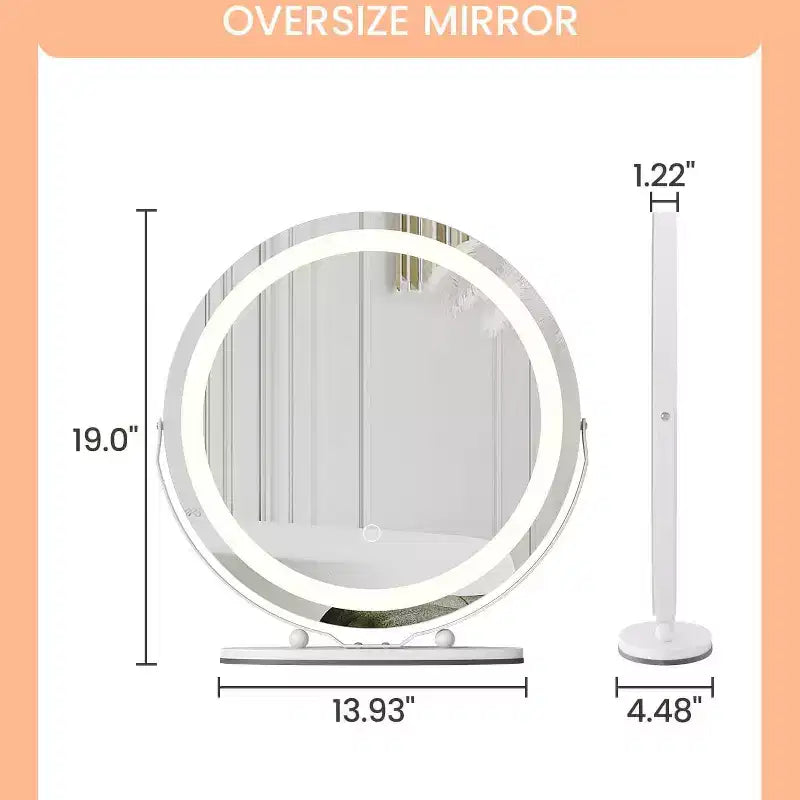 Miroir de maquillage lumineux 19 pouces, miroir de coiffeuse blanc rotatif à 360° pour chambre, à poser sur table ou bureau