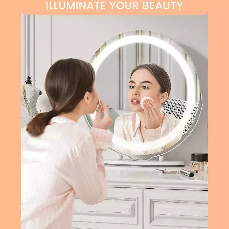 Miroir de maquillage lumineux 19 pouces, miroir de coiffeuse blanc rotatif à 360° pour chambre, à poser sur table ou bureau