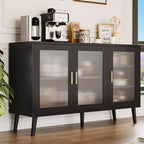 GustoWave 48 in Large Black Sideboard Cabinet with 3 Fluted Glass Doors for Kitchen, Dining and Living Room