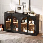 JVNOXK Buffet de rangement grande capacité 4 portes de 152 cm – Design de meuble arqué avec étagères réglables – Idéal pour les cuisines, Noir