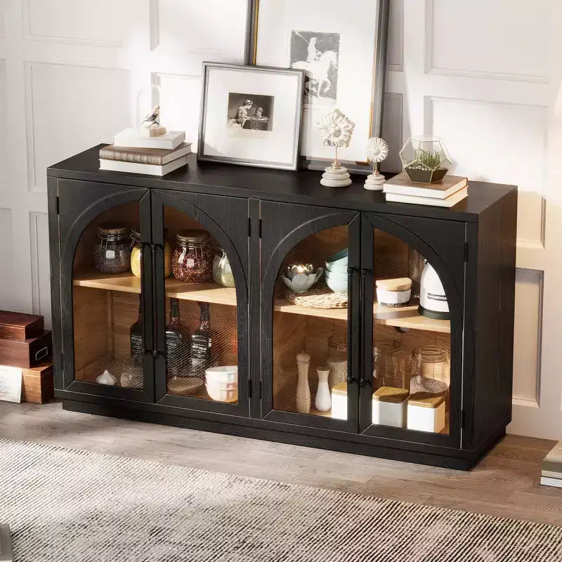 JVNOXK Buffet de rangement grande capacité 4 portes de 152 cm – Design de meuble arqué avec étagères réglables – Idéal pour les cuisines, Noir