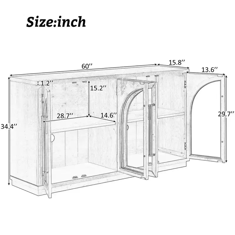 JVNOXK Buffet de rangement grande capacité 4 portes de 152 cm – Design de meuble arqué avec étagères réglables – Idéal pour les cuisines, Noir