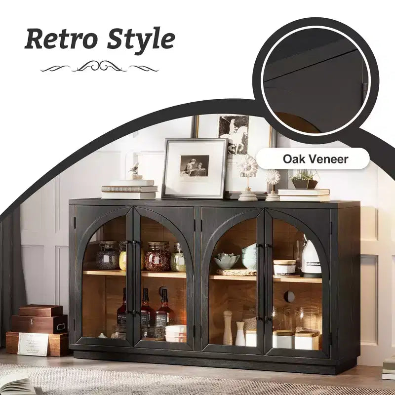 JVNOXK Buffet de rangement grande capacité 4 portes de 152 cm – Design de meuble arqué avec étagères réglables – Idéal pour les cuisines, Noir