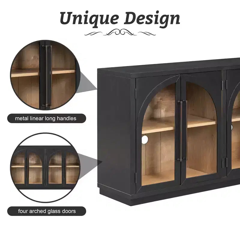 JVNOXK Buffet de rangement grande capacité 4 portes de 152 cm – Design de meuble arqué avec étagères réglables – Idéal pour les cuisines, Noir