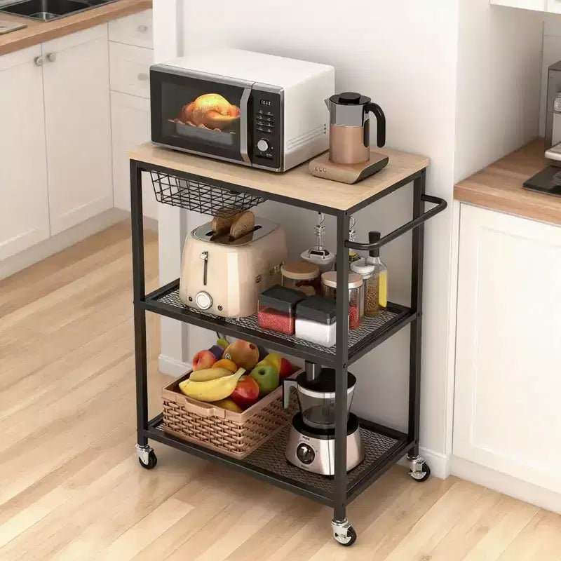 Dessert de cuisine pour micro-ondes avec poignée-poussoir, Chariot roulant à 3 niveaux avec 2 roues verrouillables, Chariot de rangement de cuisine avec rangement pour îlot de cuisine et restaurant
