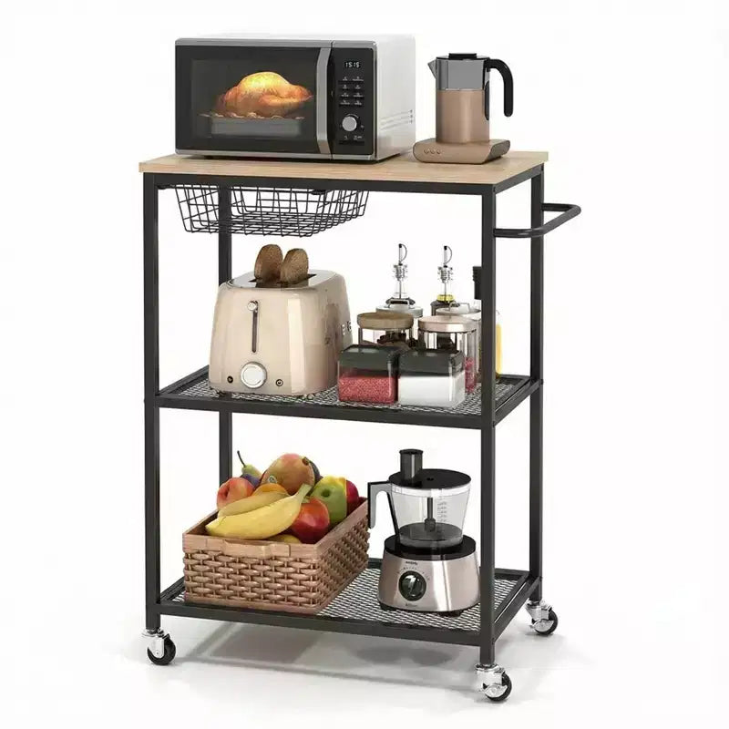Dessert de cuisine pour micro-ondes avec poignée-poussoir, Chariot roulant à 3 niveaux avec 2 roues verrouillables, Chariot de rangement de cuisine avec rangement pour îlot de cuisine et restaurant