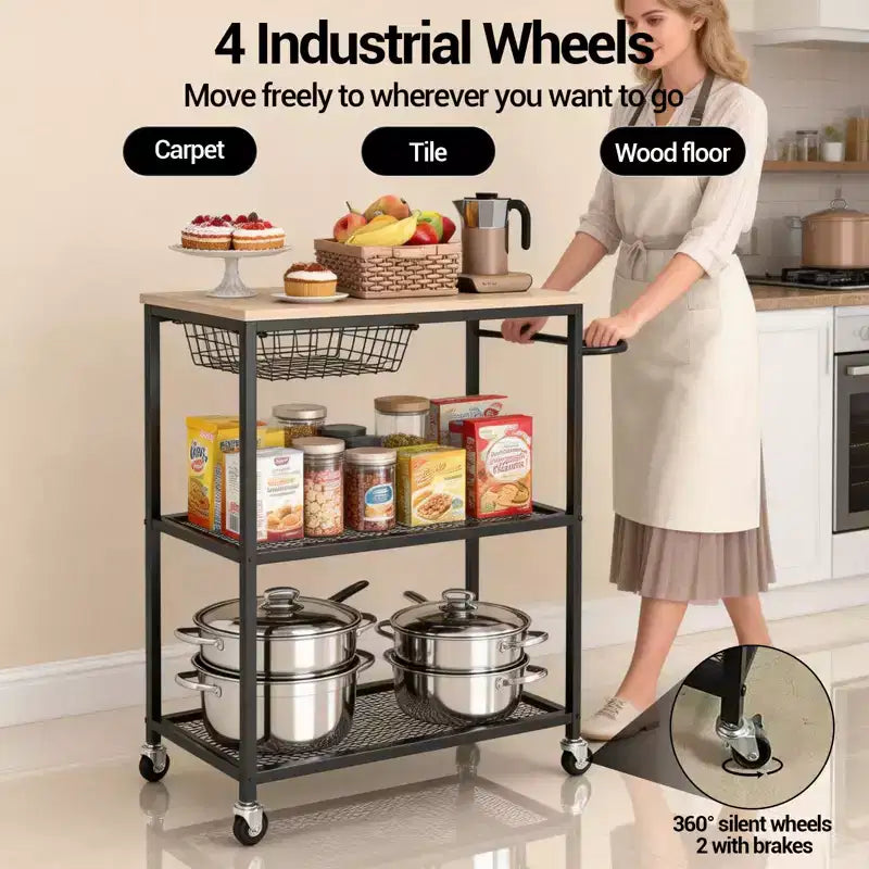 Dessert de cuisine pour micro-ondes avec poignée-poussoir, Chariot roulant à 3 niveaux avec 2 roues verrouillables, Chariot de rangement de cuisine avec rangement pour îlot de cuisine et restaurant