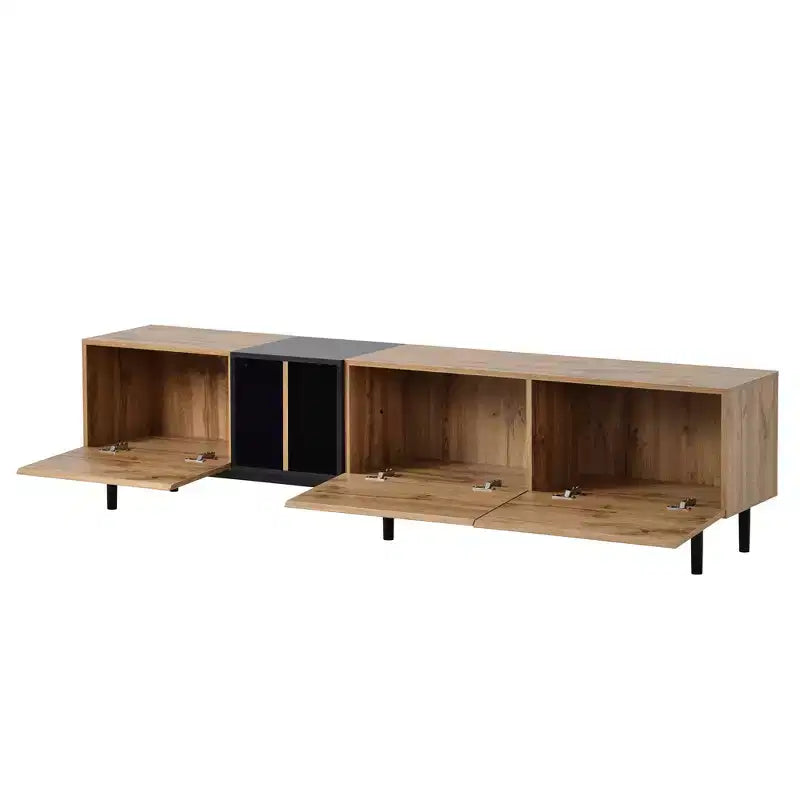 VIYET 77Meuble TV moderne pour TV 80", Meuble TV en MDF aspect bois naturel avec 3 portes abattantes et grand espace de rangement