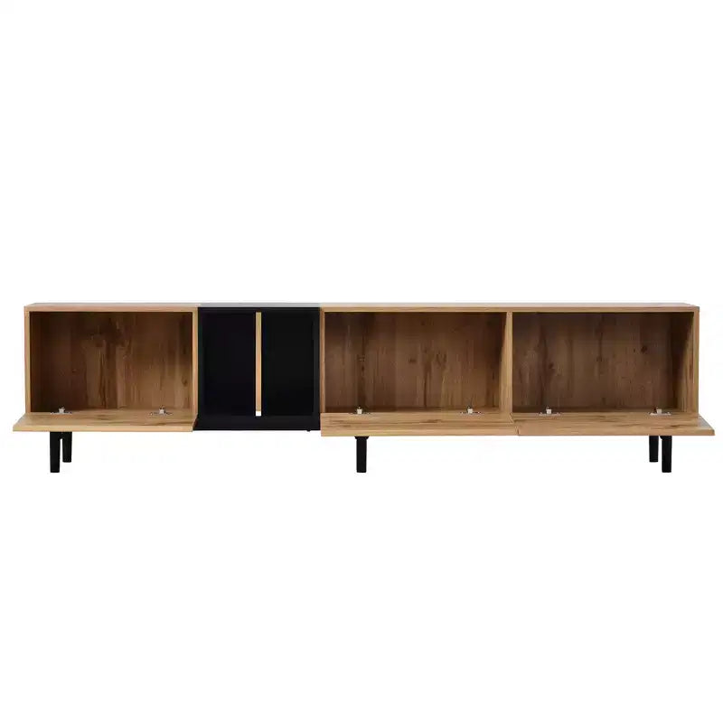 VIYET 77Meuble TV moderne pour TV 80", Meuble TV en MDF aspect bois naturel avec 3 portes abattantes et grand espace de rangement