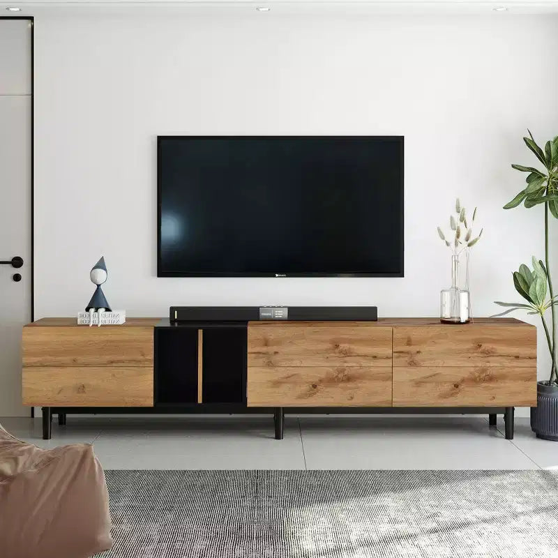 VIYET 77Meuble TV moderne pour TV 80", Meuble TV en MDF aspect bois naturel avec 3 portes abattantes et grand espace de rangement