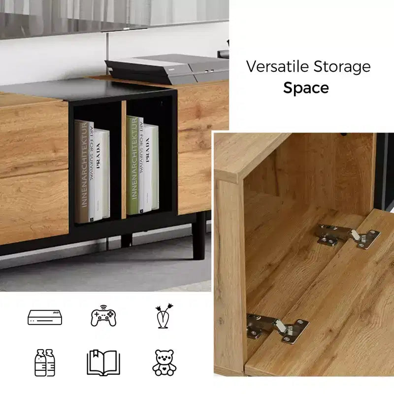 VIYET 77Meuble TV moderne pour TV 80", Meuble TV en MDF aspect bois naturel avec 3 portes abattantes et grand espace de rangement