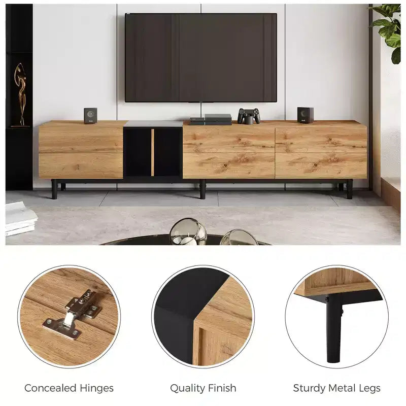 VIYET 77Meuble TV moderne pour TV 80", Meuble TV en MDF aspect bois naturel avec 3 portes abattantes et grand espace de rangement