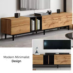 VIYET 77Meuble TV moderne pour TV 80", Meuble TV en MDF aspect bois naturel avec 3 portes abattantes et grand espace de rangement