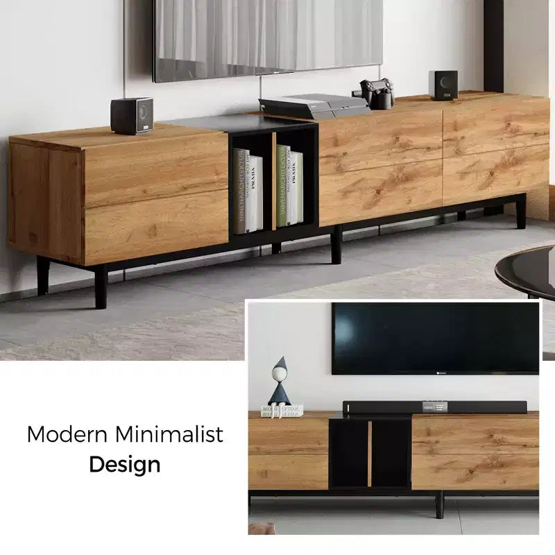VIYET 77Meuble TV moderne pour TV 80", Meuble TV en MDF aspect bois naturel avec 3 portes abattantes et grand espace de rangement
